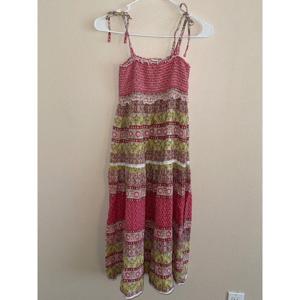 Olsenboye Junior Girls Pink Floral Smocked Tier Maxi Dress Boho Lace Trim Large